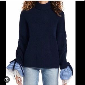 Cinq à Sept Navy Turtleneck Sweater with Lace Cuffs